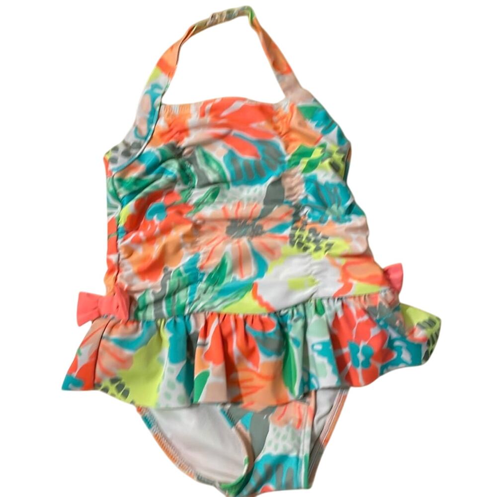 Cat & Jack Brand Size 3T Neon Tropical Ruffle One Piece Swimsuit Skirted Halter